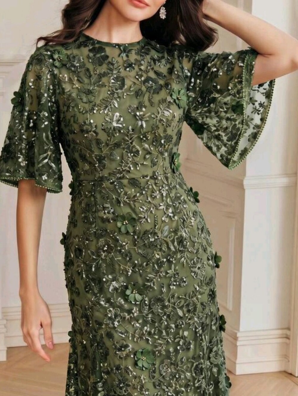 New Luxe Sequin Long Dress Flutter Short Sleeve Olive Green - Picture 2 of 12
